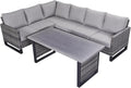Belord Outdoor Sectional Sofa 6 Seater L Shaped Couch Wicker Patio Conversation Furniture Set with Tree-Grain Finish Metal Dining Table, Rattan Outdoor Furniture with Removable Washable Cushion Blue