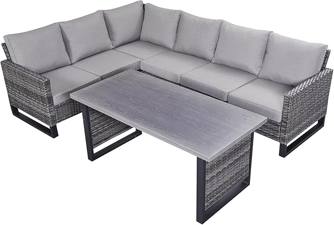 Belord Outdoor Sectional Sofa 6 Seater L Shaped Couch Wicker Patio Conversation Furniture Set with Tree-Grain Finish Metal Dining Table, Rattan Outdoor Furniture with Removable Washable Cushion Blue