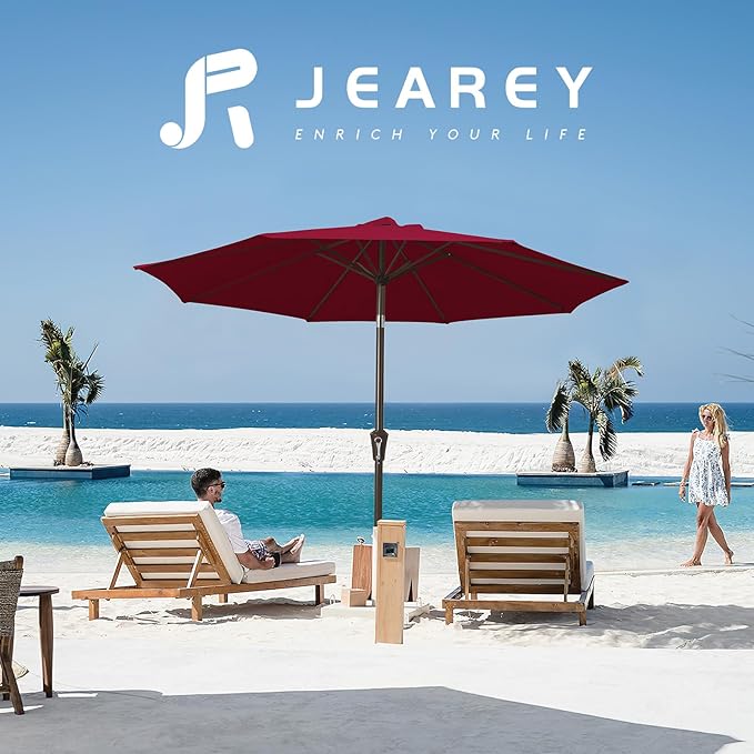 JEAREY 9FT Outdoor Patio Umbrella Outdoor Table Umbrella with Push Button Tilt and Crank, Market Umbrella 8 Sturdy Ribs UV Protection Waterproof for Garden, Deck, Backyard, Pool (Brick Red)