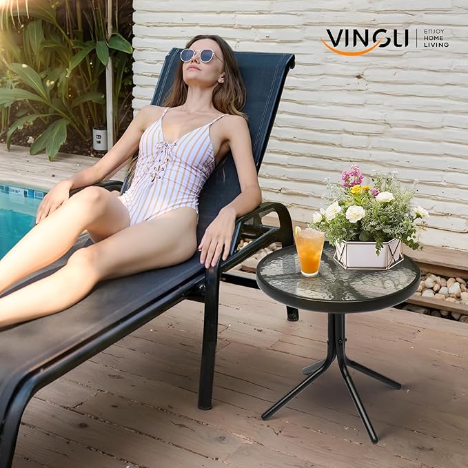 VINGLI Outdoor Side Table, 18" Patio Table Steel Frame Tempered Glass Top, Weatherproof Small Tables for Balcony Garden Poolside (Black, Round)