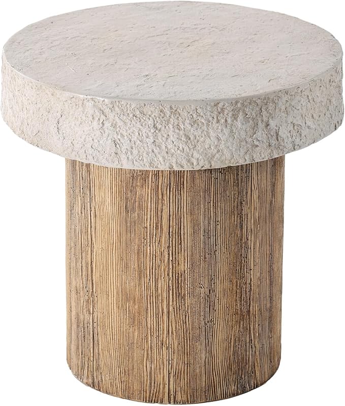 COSIEST Outdoor Medium Side Table, Patio Coffee Table, 19.7 inches Round MgO End Patio Stool with Faux Wooden Pedestal Base, Garden, Backyard, Antique Beige