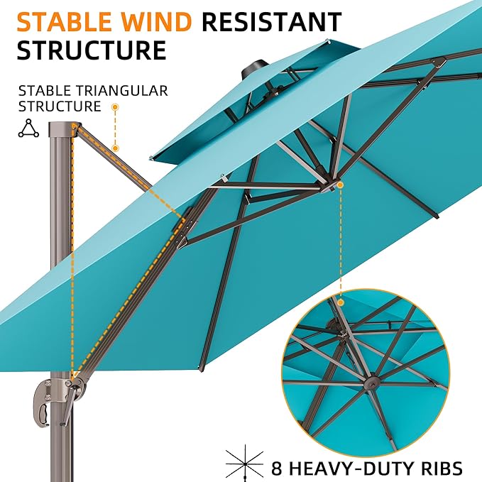 10' X 13' Outdoor Patio Umbrella Large Rectangle Cantilever Umbrella Heavy Duty 360°Rotation Offset Umbrella for Garden Deck Pool Patio,Turquoise