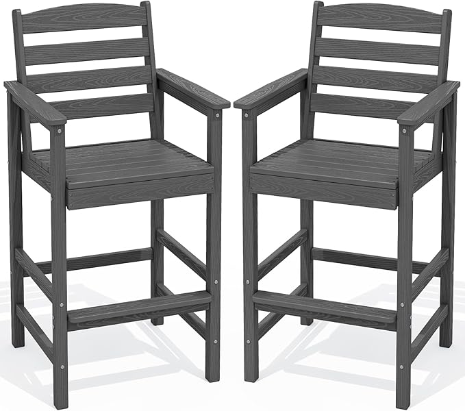SERWALL Tall Adirondack Chairs Set of 2, Oversize Balcony Adirondack Chairs Set, Outdoor Bar Height Barstools Widened Chair Set for Bistro, Poolside, Garden, Gray