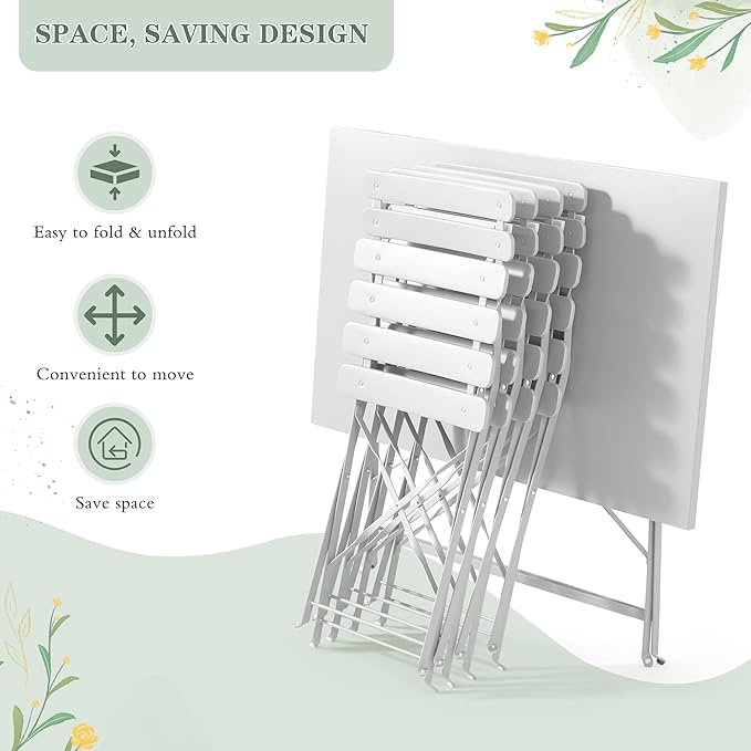 MELLCOM 5-Piece Foldable Patio Dining Set with Rectangular Table and Chairs, Weather-Resistant Iron Outdoor Dining Set for 4 People, Outdoor Table and Chairs for Patio, Yard, Indoor, White