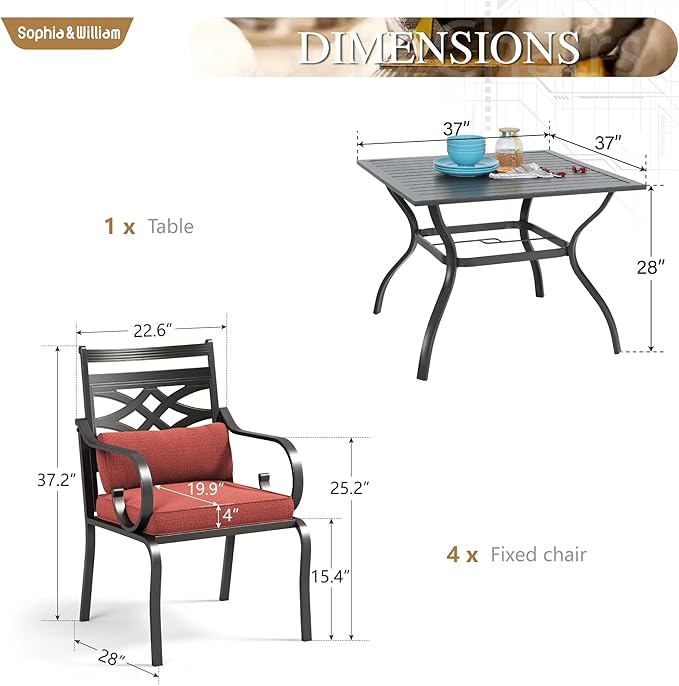 Sophia and William Outdoor Patio Dining Set for 4, Outdoor Table and Chairs, Removable Seat Cushions, Black 37" Patio Dining Table,Red