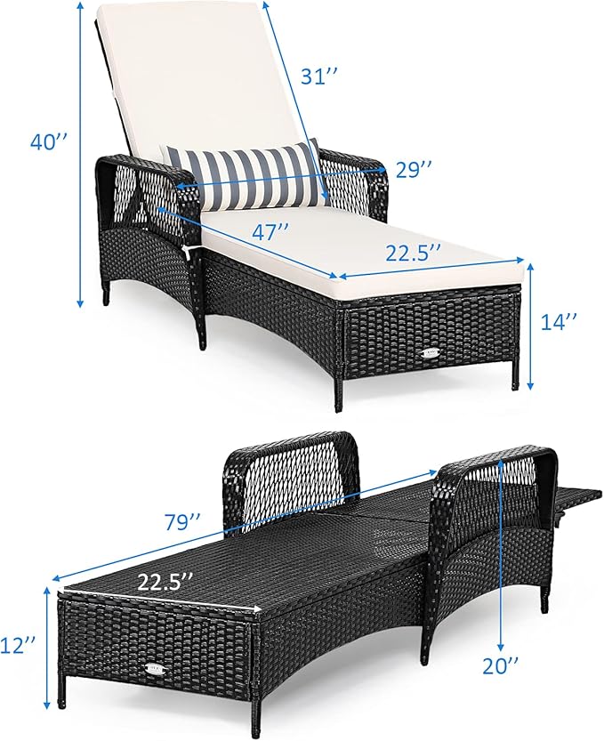 Tangkula Wicker Chaise Lounge Outdoor Set of 2, Patio Rattan Reclining Chaise with 6-Gear Adjustable Backrest, Thick Padded Cushion & Removable Lumbar Pillow, Pool Lounge Chairs for Outside Balcony