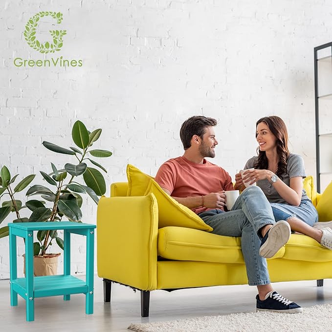 GREENVINES Adirondack-Outdoor-Side-Table | Set of 2 | 14 x 13 Inches | HDPE Plastic | All Weather | Aqua | Outside End Tables | Storage Shelf | for Patio Porch Backyard Indoor