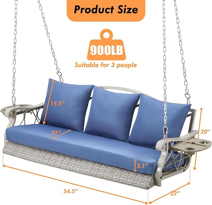 Heavy Duty 900 LBS Porch Swing Chair 3-Person Outdoor Rattan Patio Swing Lounge w/Cup-Holder & Steel Chains Wicker Hanging Bench Porch Swing Cushions for Deck & Backyard & Garden