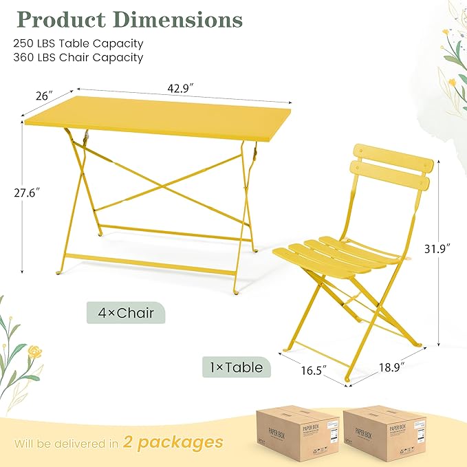 MELLCOM 5-Piece Foldable Patio Dining Set with Rectangular Table and Chairs, Weather-Resistant Iron Outdoor Dining Set for 4 People, Outdoor Table and Chairs for Patio, Yard, Indoor, Yellow
