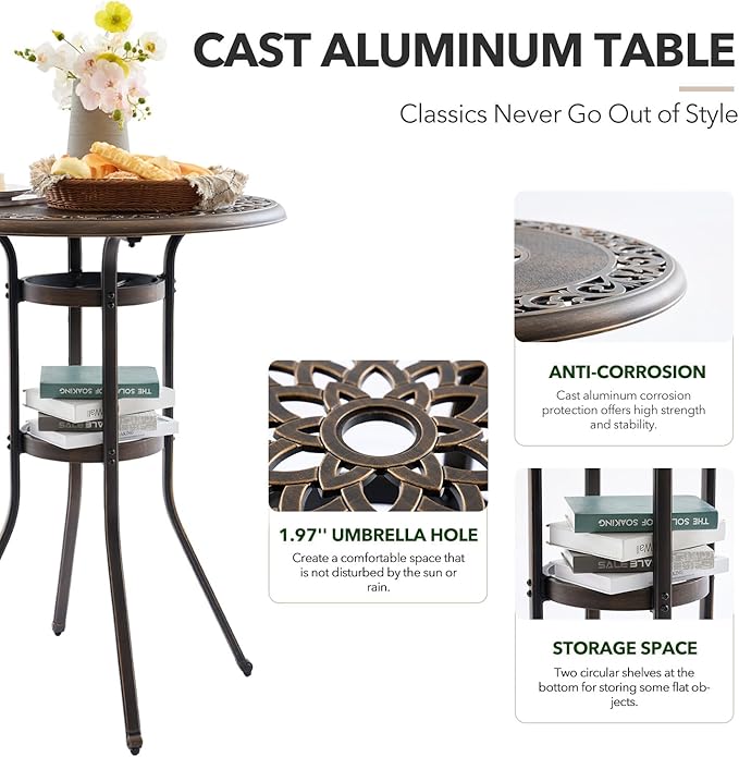 3 Piece Swivel Outdoor Table and Chairs Bar Set , All-Weather Cast Aluminum Outdoor High Top Patio Bar Set Bistro Set, High Swivel Stools with Cushions Umberlla Hole for Balcony, Poolside,Garden,Lawn