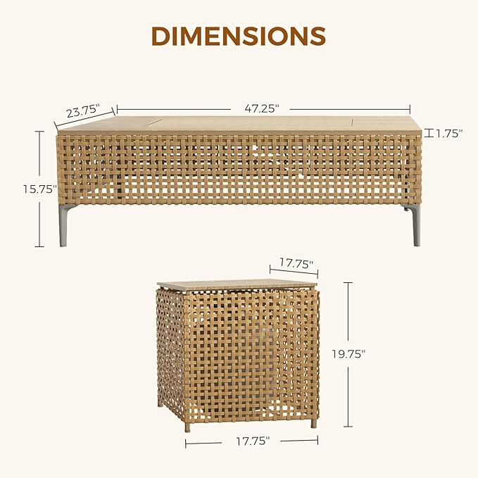 Grand patio 14-Piece Patio Furniture Set with 47" Fire Pit Table, Outdoor Conversation Set & 50,000 BTU 47 Inch Rectangle Propane Fire Pit & Storage Box with Water Resistant Thick Cushions, Cream
