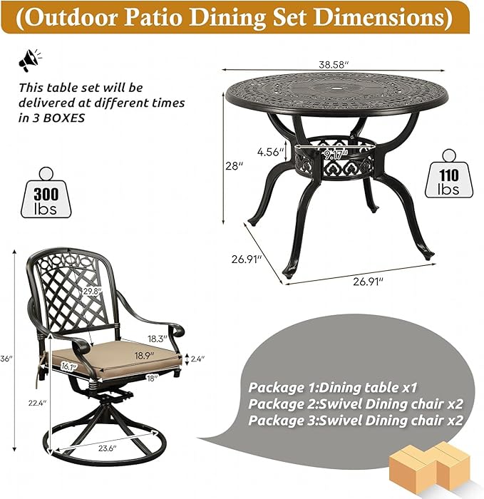 5-Piece Cast Aluminum Outdoor Patio Dining Set, All Weather Cast Aluminum Outdoor Furniture Dining Set for Patio, Balcony, Garden, Backyard w/4 Swivel Chairs & Cushions, 2.0" Umbrella Hole