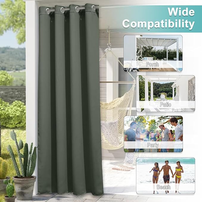 NICETOWN Indoor & Outdoor Curtains 95 inches Long, Morandi Waterproof Fbric Thermal Light Blocking Grommet Bathroom Window Treatments for Porch/Gazebo, W52 x L95, 1 Panel