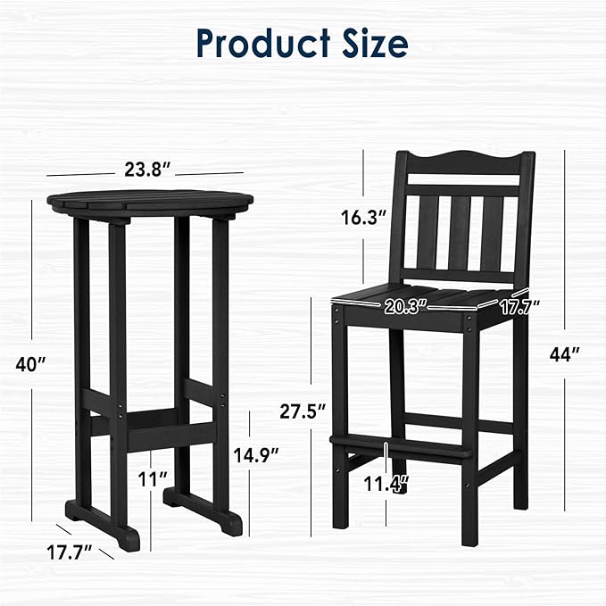 nalone Outdoor Bar Chairs and Table Set, HDPE Balcony Adirondack Chairs and Tables 3 Pieces Set, Outdoor Bar Stools for Garden, Yard, Backyard (Black, Bar Chairs with Table)