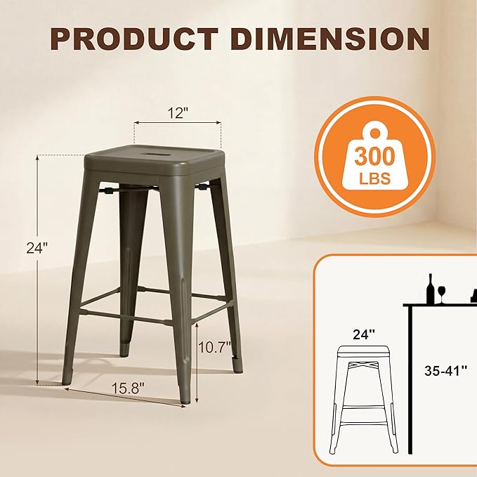 Shahoo 24 Inches Metal Bar Stools Counter Height Stackable Backless Stools, Industrial Patio Stools Indoor Outdoor Metal Kitchen Stools Set of 4 (Gun, 24'')