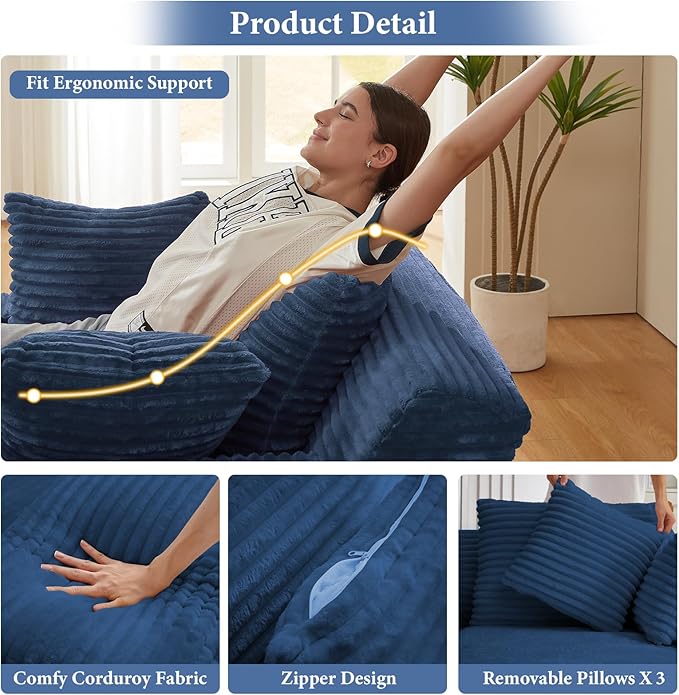 78.7" Chaise Lounge Chair Indoor, Oversized Boneless Couch Comfy Upholstered Sleeper Sofa Bed with 3 Pillows, Corduroy Cloud Reading Chair for Living Room No Assembly Required, Blue