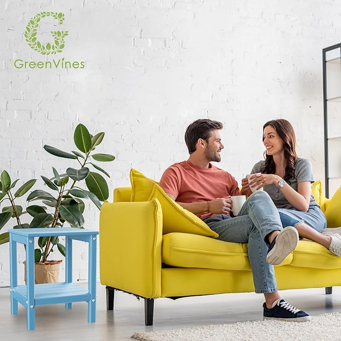 GREENVINES Adirondack-Outdoor-Side-Table | Set of 2 | 14 x 13 Inches | HDPE Plastic | All Weather | Arctic | Outside End Tables | Storage Shelf | for Patio Porch Backyard Indoor