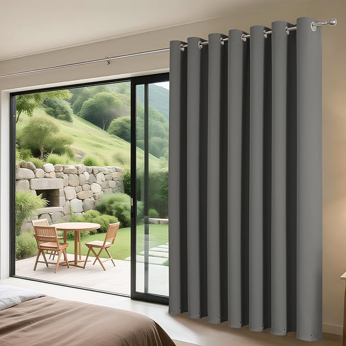 Joydeco Blackout Patio Sliding Door Curtains 108 Inches Long, Grommet Privacy Room Divider Curtains, Extra Wide Thermal Blackout Drapes for Bedroom Living Room (Light Grey, 70Wx108L, 1 Panel)