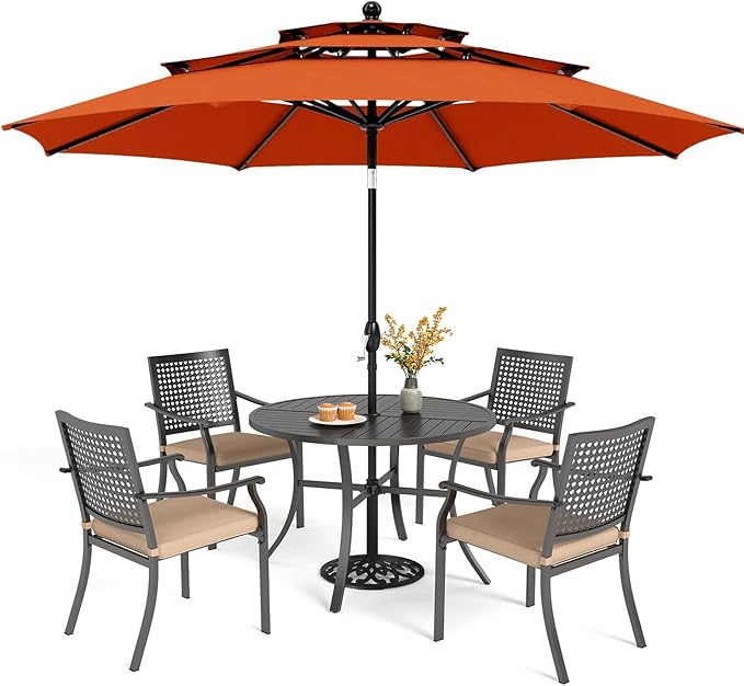 PHI VILLA 5 Pieces Outdoor Dining Set for 4 with Umbrella, 42" Large Round Metal Steel Table & Stackable Iron Chairs with Cushions & 10ft Red Umbrella, Modern Furniture for Patio, Deck, Yard, Porch