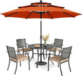 PHI VILLA 5 Pieces Outdoor Dining Set for 4 with Umbrella, 42" Large Round Metal Steel Table & Stackable Iron Chairs with Cushions & 10ft Red Umbrella, Modern Furniture for Patio, Deck, Yard, Porch