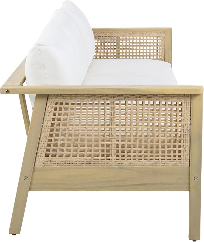 Christopher Knight Home Teras Acacia Wood Outdoor 3 Seater Sofa with PE Wicker Armrest, Solid Wood Patio Sofa with Removable Cushion, Comfy Lounge Sofa for Patio Furniture Set, Light Teak+Beige