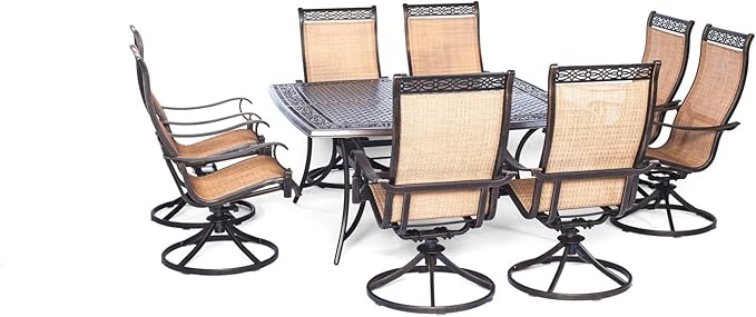 Hanover Manor 9-Piece Outdoor Dining Set with 8 PVC Sling Swivel Rockers and Rust-Resistant Aluminum 60" Square Outdoor Dining Table, Durable and Comfortable Patio Dining Set for 8