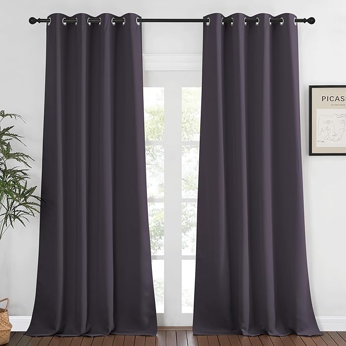 NICETOWN Blackout 108 inch Curtains for Sliding Glass Door, Grommet Thermal Insulated Room Darkening Window Sound Reducing Drapes for Room Divider, 1 Panel, W52 x L108, Greyish Purple