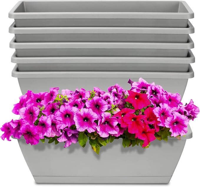 Window Box Planter, 6 Packs 17 Inches Rectangle Planters Box with Drainage Holes and Trays, Vegetable Planters for Windowsill Patio Garden Home Decor Porch Yard Light Gray
