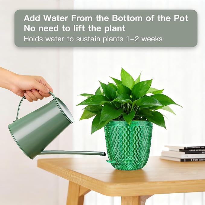 QCQHDU 2 Pack Self Watering Pots, 5.7 Inch Flower Pots with Drainage Holes and Water Filling Port, Garden Planter for Indoor Outdoor Plants (Emerald)