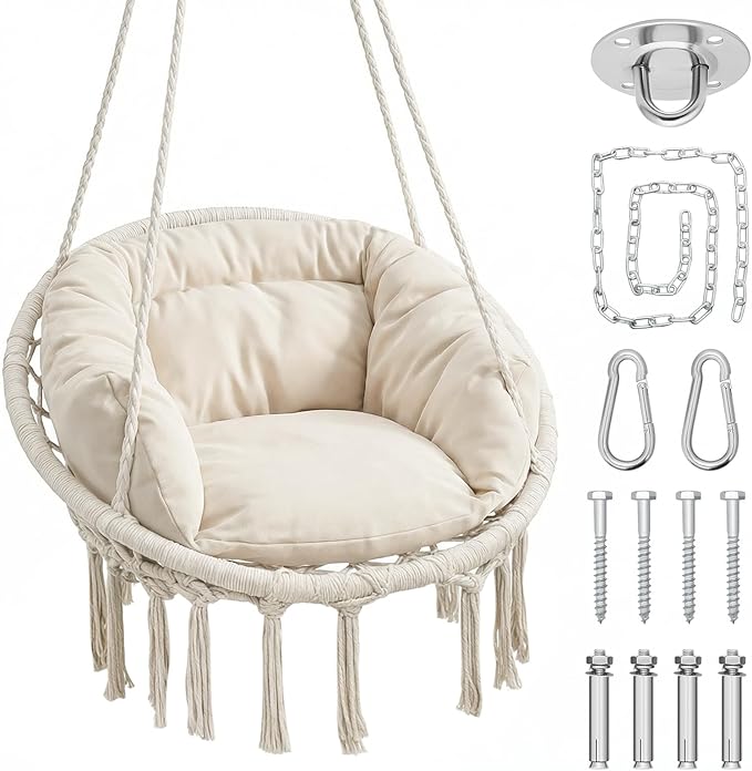 Athena Collection Hammock Chair Hanging Swing Chair with Large Thick Cushions, Outdoor Hanging Chair with Macrame Cotton Rope for Indoor, Outdoor, Bedroom, Balcony, Holds 350 Lbs, White