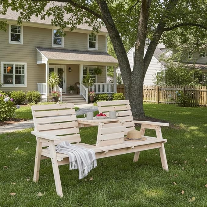 FORTUNO Cedar/Fir Log Wood Patio Garden Bench with Foldable Table, Outdoor Wooden Porch 3-Seat Bench Chair for Garden Balcony Patio Backyard, Natural Finish