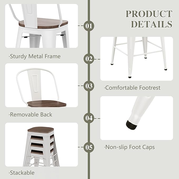 Yongqiang 30 inch Bar Stools Set of 4 Farmhouse Bar Height Stools High Back Kitchen Bar Chairs Cream White Metal Barstools with Large Wooden Seat