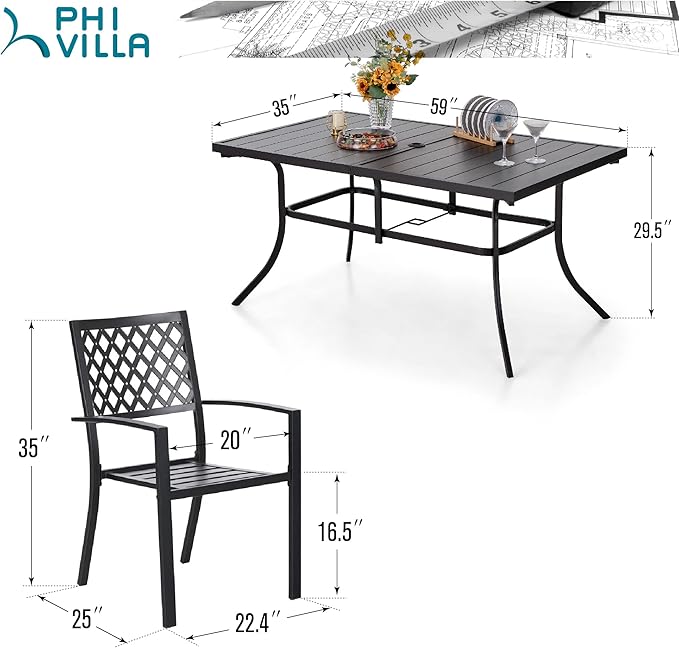 PHI VILLA 7 Piece Outdoor Dining Set for 6, 60” Rectangular Black Metal Table with Umbrella Hole & Stacking Wrought Iron Chairs, Large Outside Furniture Set for Patio, Deck, Porch, Backyard