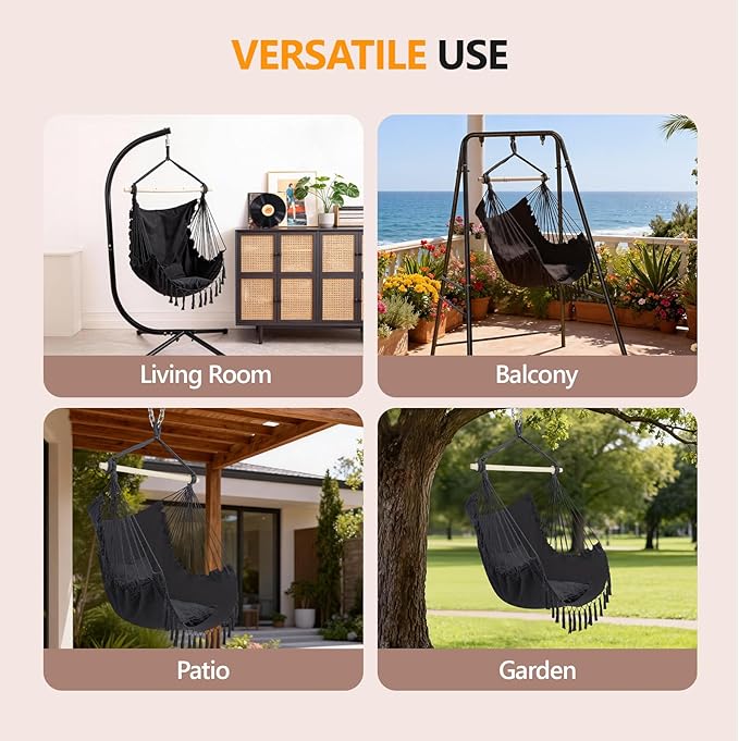 ONCLOUD Hammock Chair Hanging Rope Swing, Load Capacity Up to 550 LBS Macrame Hammock Swing Seat with Two Cushions, Hammock Seats with Portable Steel Spreader Bar for Indoor/Outdoor, Dark Grey