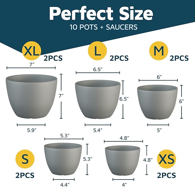 Planter Pots with Drainage Holes - Lightweight, Durable & Space-Saving Pots for Indoor and Outdoor - Versatile Functionality, Simple Modern Design, Set of 10 Plastic Planter Pots - Gray