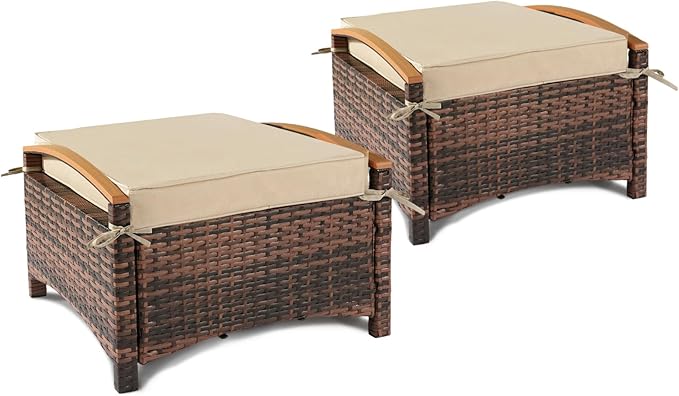 VINGLI Wicker Outdoor Ottoman Set of 2, All Weather PE Rattan Footstool for Patio w/Removable Cushions, Waterproof Rattan Foot Rest for Garden, Balcony, Poolside (Brown)