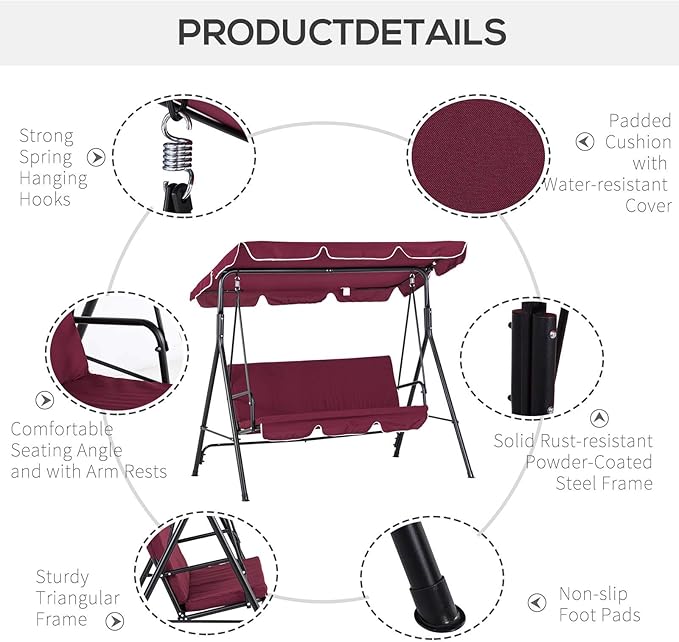 Outsunny 3-Seat Outdoor Patio Swing Chair with Removable Cushion, Steel Frame Stand and Adjustable Tilt Canopy for Patio, Garden, Poolside, Balcony, Backyard, Wine Red