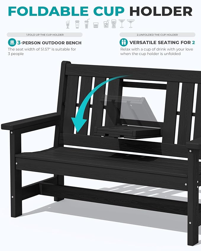 SERWALL Outdoor Bench with Cup Holder, 58" HDPE Garden Park Bench Suitable for 3 Person, All Weather Patio Benches with High Backrest and Wide Armrests for Garden, Park, Yard, Front Porch, Black