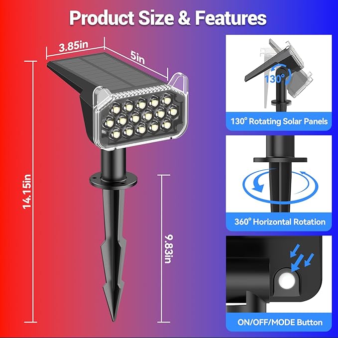 WdtPro 10 Pack Solar Color Changing Spot Lights, 10 Lighting Modes Solar Lights Outdoor Waterproof, Multicolor RGB Outdoor Lights, 9 Colors Auto Cycling Landscape Spolights for Yard Garden Decoration