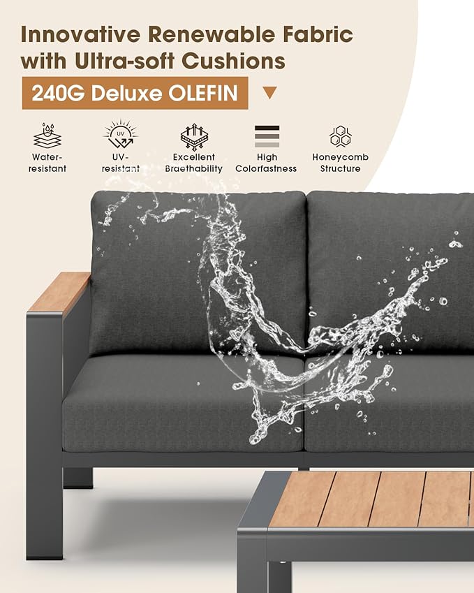 Aluminum Outdoor Patio Furniture 3 Seats, All-Weather Outdoor Patio Sofa with Washable Thick Cushion, Morden Patio Couch for Porch, Balcony, Deck, Yard, Graphite
