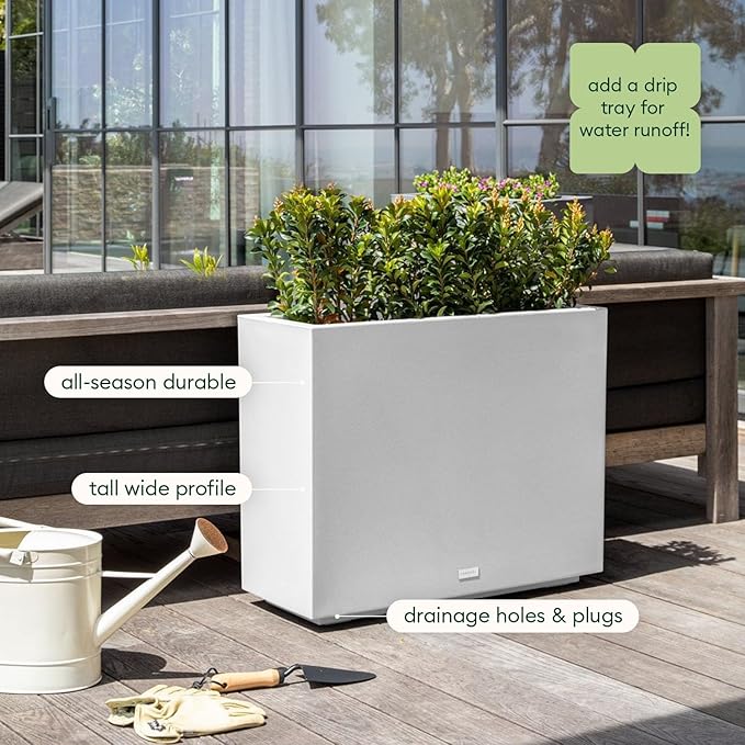 Veradek Span Plastic Box Series Planter - Tall Rectangular, White, All-Weather Resistant, Removable Insert Bucket, Modern Design, Indoor/Outdoor Use