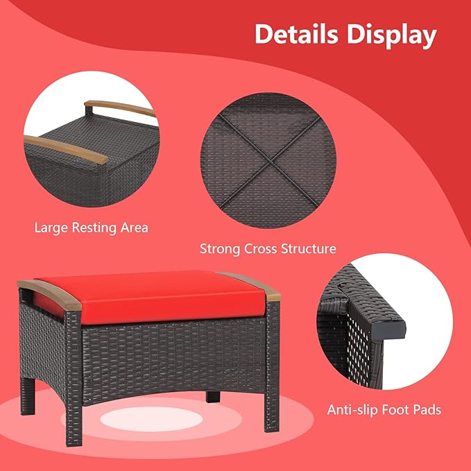 RELAX4LIFE Outdoor Wicker Ottomans for Patio - 2 Pieces PE Rattan Ottoman, Footrest Seat with Zippered Cushions, Acacia Wood Handles, 3-in-1 Footstool, Side Table for Poolside, Backyard (Red)