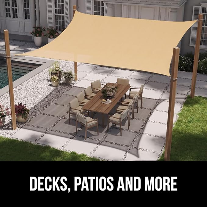 GORILLA GRIP Heavy Duty Sun Shade, UV Protection Fade Tear and Rust Resistant Rectangle Sunshade Canopy, Curved Edges Blocks Sunlight, Breathable Sail, Outdoor Patio, Lawn Garden 10x13 FT Sand