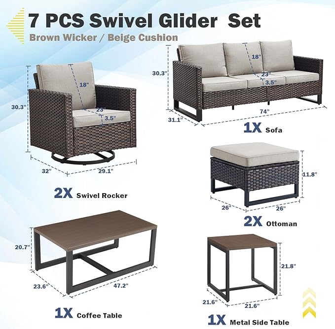 Belord 7 Piece Outdoor Furniture Patio Wicker Sofa Set, Oversize Outdoor Swivel Rocker Chairs with Rattan Ottomans, Conversation Sets Patio Furniture Come with Removable Washable Cushion Beige, Brown
