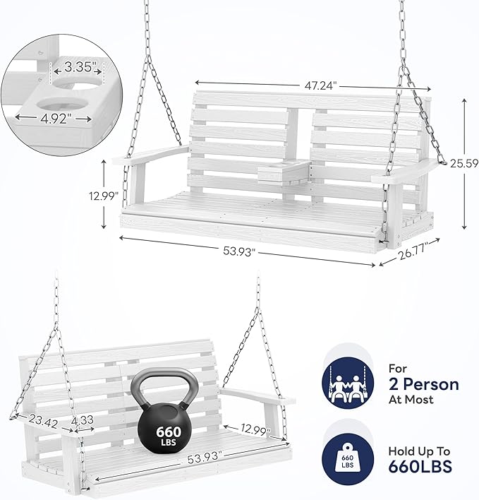 KINGYES Outdoor Hanging Porch Swing, Waterproof Swing with Cup Holders for Courtyard & Garden, 660LBS Weight Capacity, White