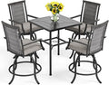 PHI VILLA 5 Piece Outdoor Bar Furniture Set, Counter Height Patio Bar Bistro Table (Square) & Rattan Wicker Bar Stools Chairs with All Weather Cushions for Backyard, Deck and Porch
