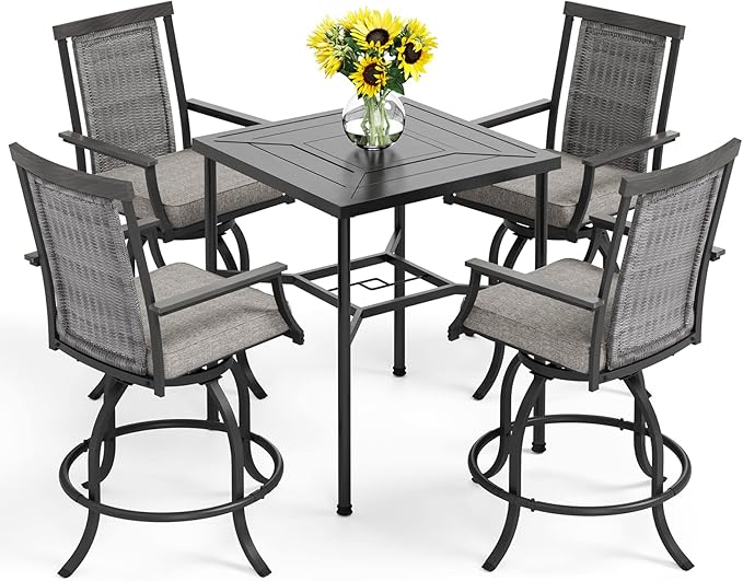 PHI VILLA 5 Piece Outdoor Bar Furniture Set, Counter Height Patio Bar Bistro Table (Square) & Rattan Wicker Bar Stools Chairs with All Weather Cushions for Backyard, Deck and Porch