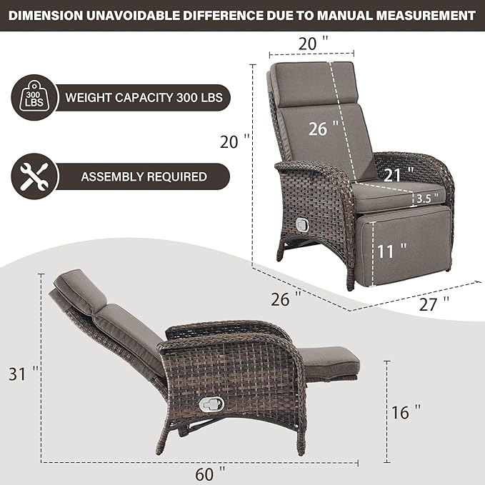 Belord Versatile Outdoor Recliner Chair - Reclining Patio Chair with Adjustable Backrest and Footrest, All-Weather Wicker Chaise Lounge Chair Outdoor for Pool Deck Brown