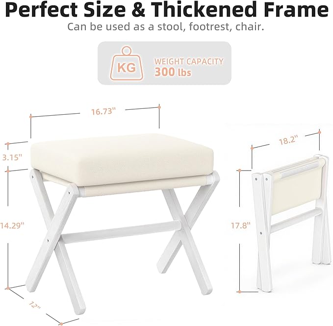 Foldable Foot Stool Ottoman, Modern Foot Rest with Bamboo X Legs & Thick Foam Cushion, Folding Foot Stools Small Padded for Bedroom Living Room, Footstool for Chair Couch (White - White)