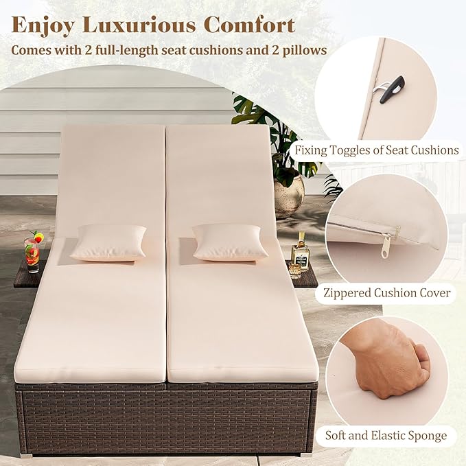 Tangkula Outdoor Rattan Daybed with 6-Level Adjustable Backrests, 2-Person Adjustable Wicker Recliner Bed with Cushions & Folding Side Trays, Double Sunbed Lounger for Balcony, Backyard & Poolside